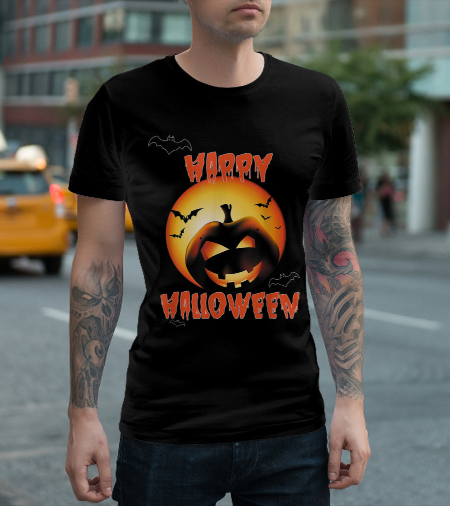 Happy Halloween Pumpkin With Bats And Glowing Jack-o'-Lantern T-Shirt