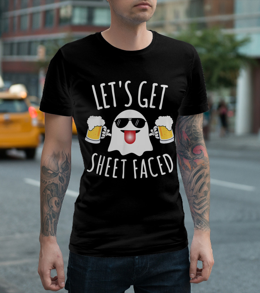 Sunglasses Ghost with Beers Halloween Costume Let's Get Sheet Faced T-Shirt