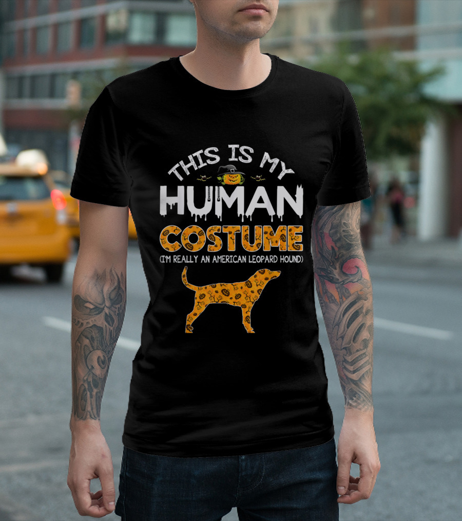 This Is My Human Costume Halloween American Leopard Hound with Pumpkin Hat and Festive Dog T-Shirt