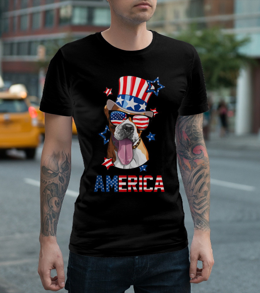 Boxer Dog Wearing Patriotic Hat and Sunglasses with American Flag for 4th of July Celebration USA T-Shirt