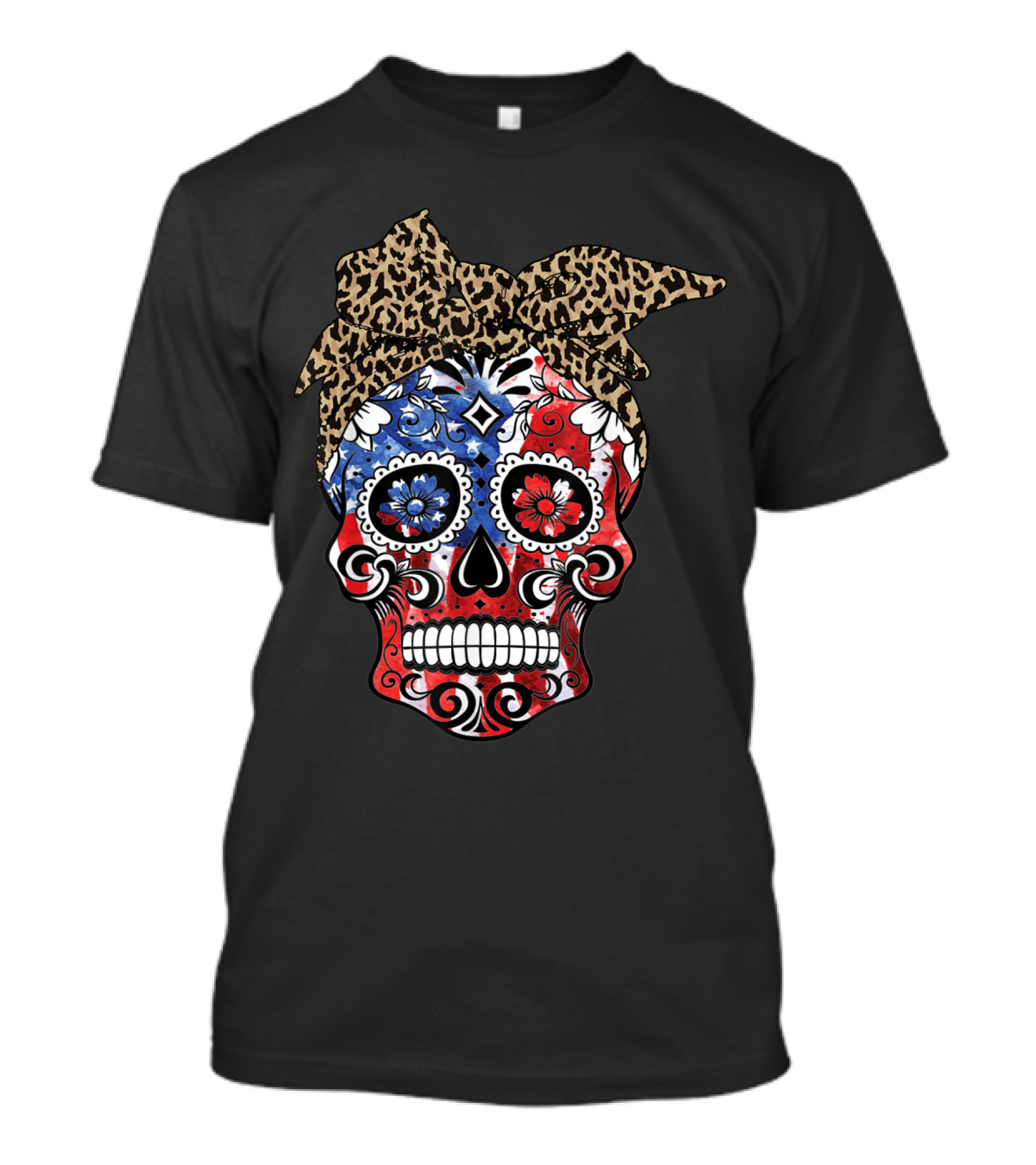 American Flag Skull With Leopard Headband Patriotic July 4th Floral T-Shirt