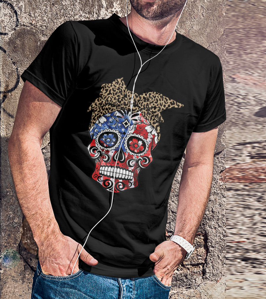 American Flag Skull With Leopard Headband Patriotic July 4th Floral T-Shirt
