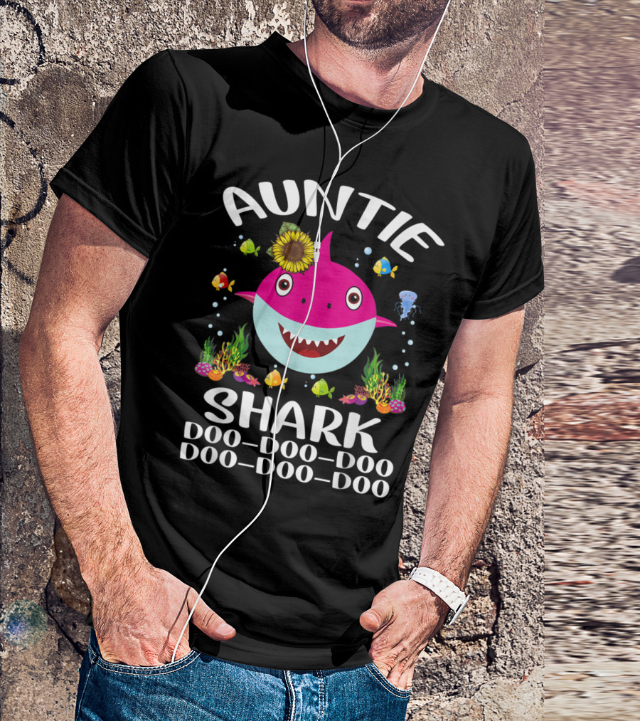 Auntie Shark Doo-Doo-Doo Fun Colorful Sea Creatures Sunflower T-Shirt