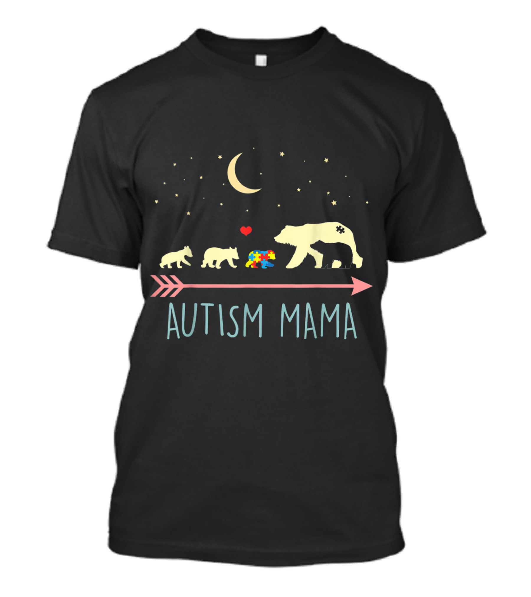 Mama Bear And Four Cubs Under Moon Autism Mama Awareness T-Shirt