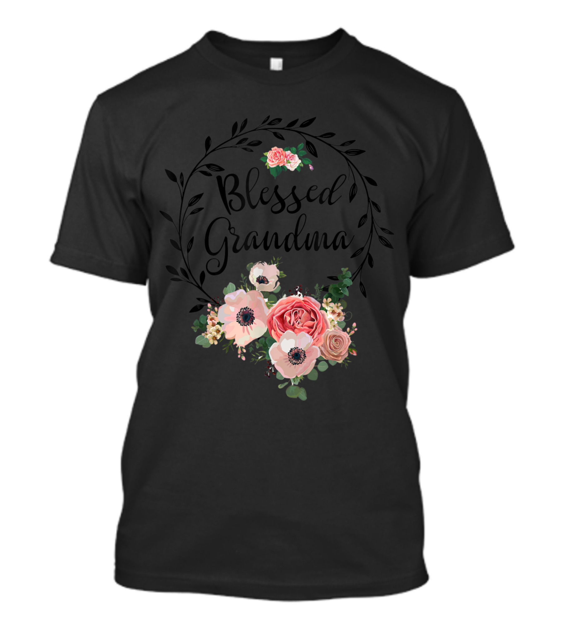 Blessed Grandma Floral Heart With Pink And Black Flower Wreath Elements T-Shirt
