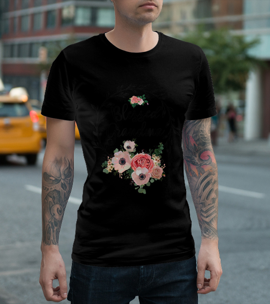 Blessed Grandma Floral Heart With Pink And Black Flower Wreath Elements T-Shirt