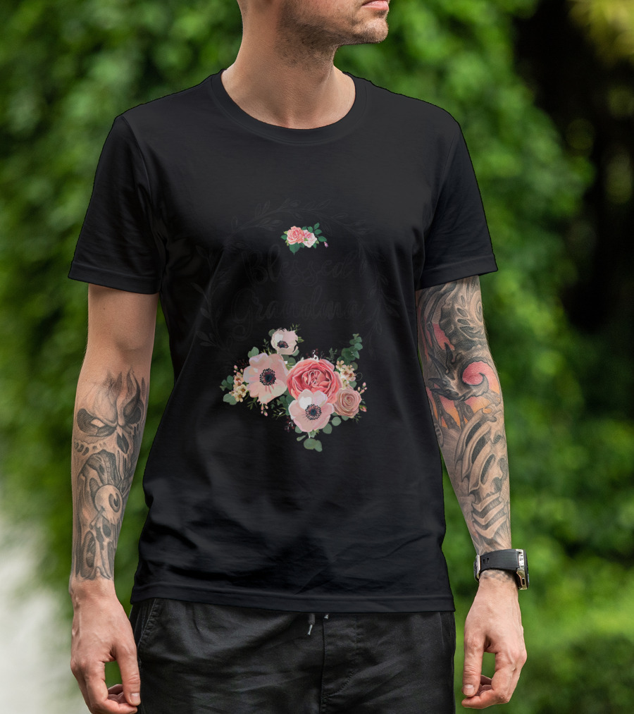 Blessed Grandma Floral Heart With Pink And Black Flower Wreath Elements T-Shirt