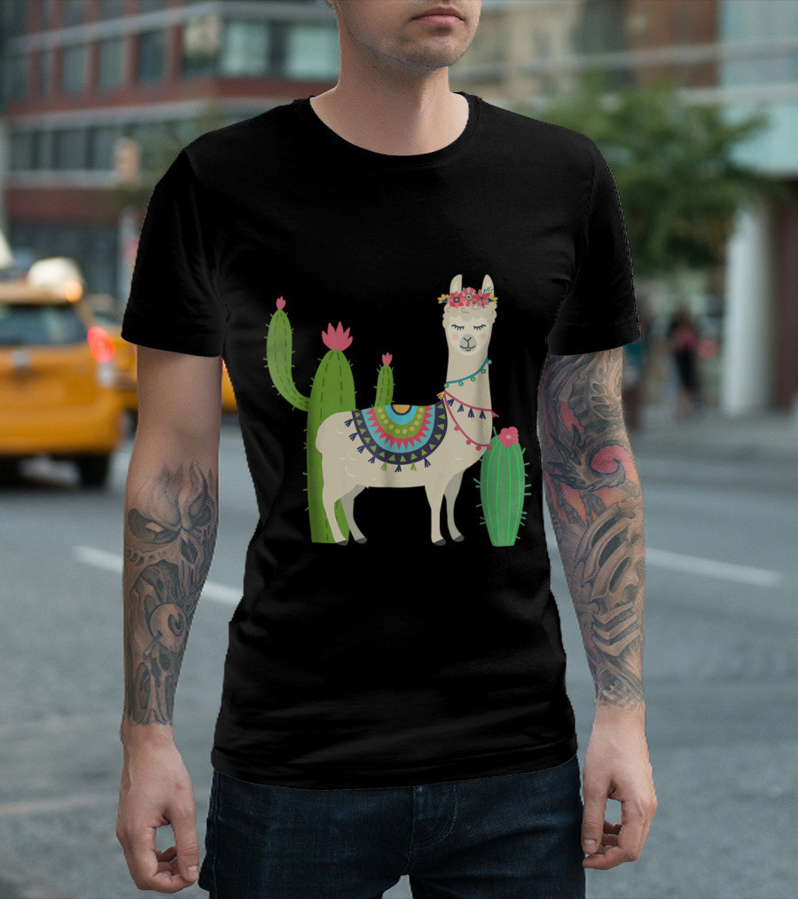Llama Lover Adorned With Colorful Blanket, Flowers, and Cactus T-Shirt