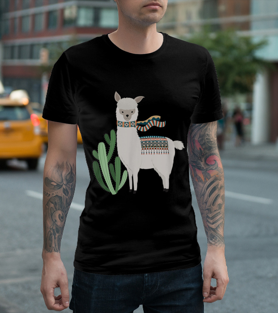 Cute Llama With Colorful Scarf And Cactus For Llama Lover T-Shirt