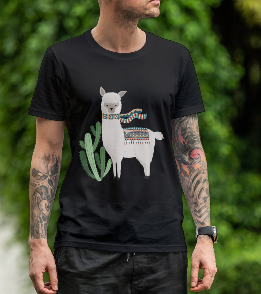 Cute Llama With Colorful Scarf And Cactus For Llama Lover T-Shirt