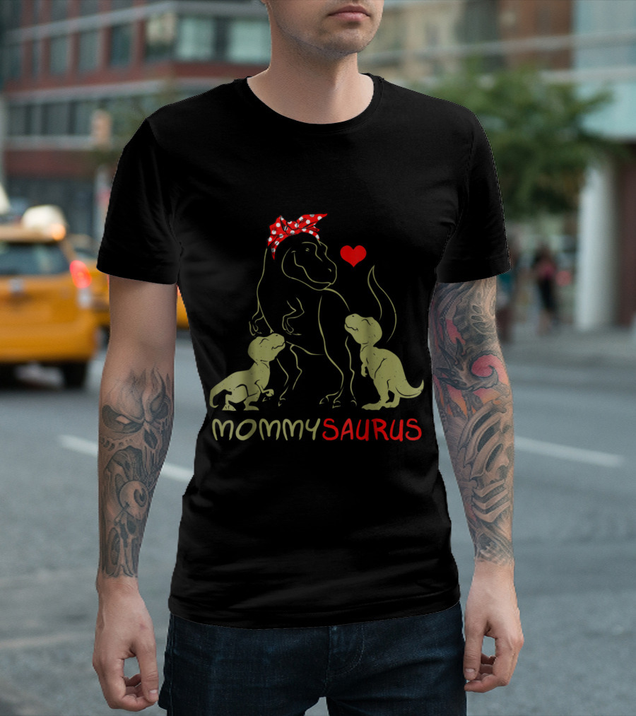 Mommysaurus Dinosaur With Red Bandana And Two Baby Dinosaurs Heart T-Shirt
