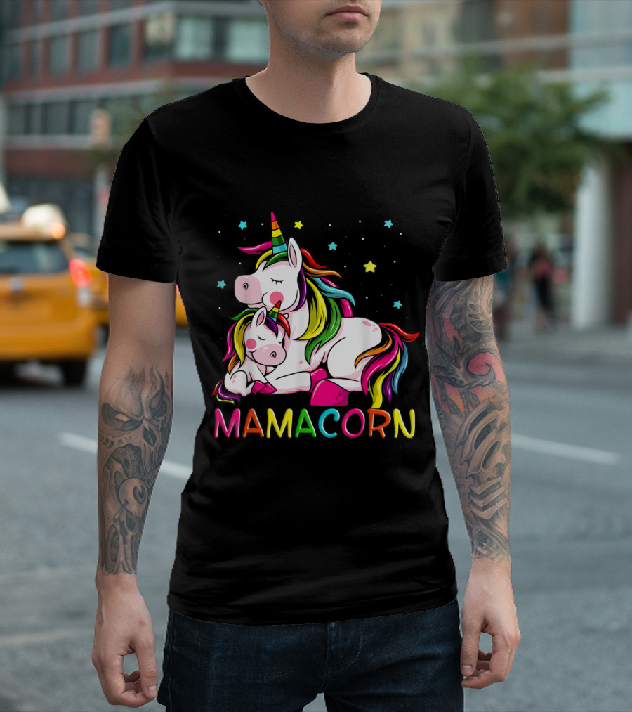Mamacorn Mother's Day Unicorn With Rainbow Mane And Stars T-Shirt