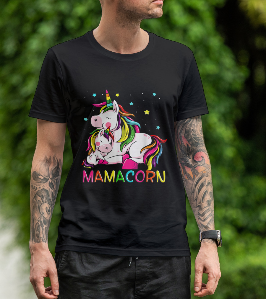 Mamacorn Mother's Day Unicorn With Rainbow Mane And Stars T-Shirt
