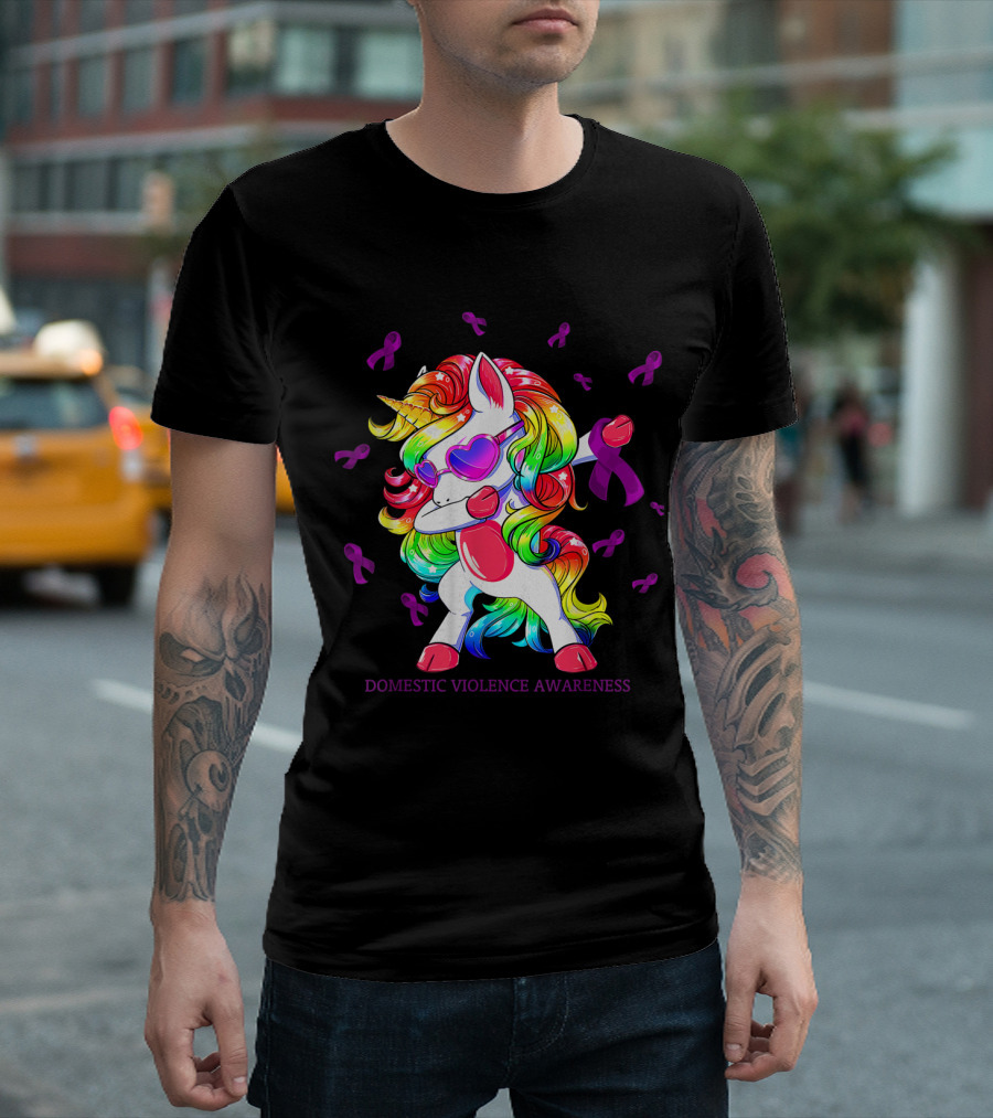 Dabbing Unicorn with Purple Ribbon Supporting Domestic Violence Awareness T-Shirt