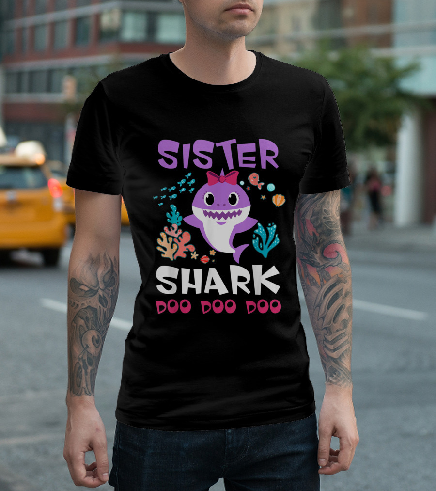 Sister Shark Doo Doo Doo Cute Purple Cartoon With Bow And Ocean Creatures T-Shirt
