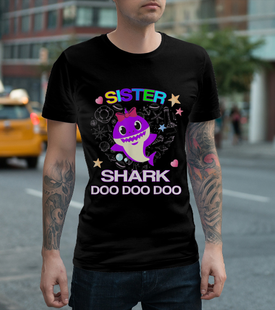 Sister Shark Doo Doo Doo Rainbow Text Starfish Hearts Bow Cute Purple Shark T-Shirt