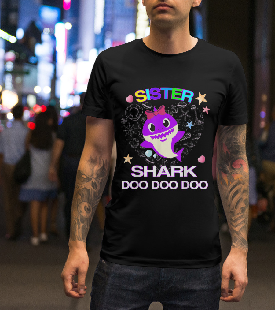 Sister Shark Doo Doo Doo Rainbow Text Starfish Hearts Bow Cute Purple Shark T-Shirt