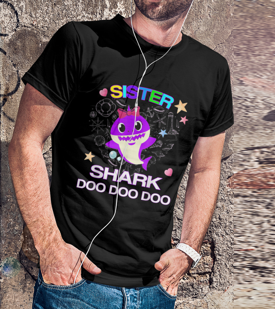 Sister Shark Doo Doo Doo Rainbow Text Starfish Hearts Bow Cute Purple Shark T-Shirt
