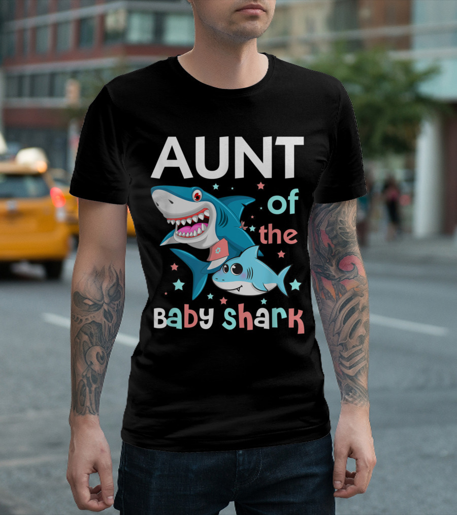 Aunt Of The Baby Shark Funny Auntie And Niece Nephew Stars Cartoon T-Shirt