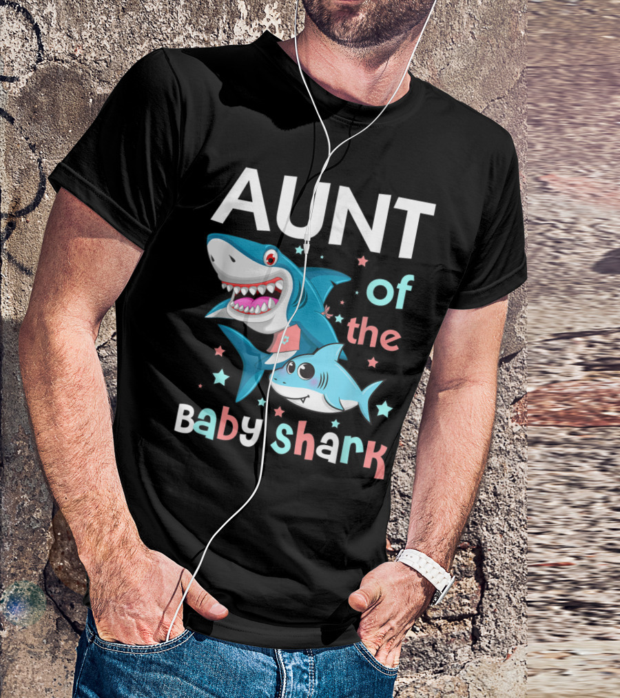 Aunt Of The Baby Shark Funny Auntie And Niece Nephew Stars Cartoon T-Shirt