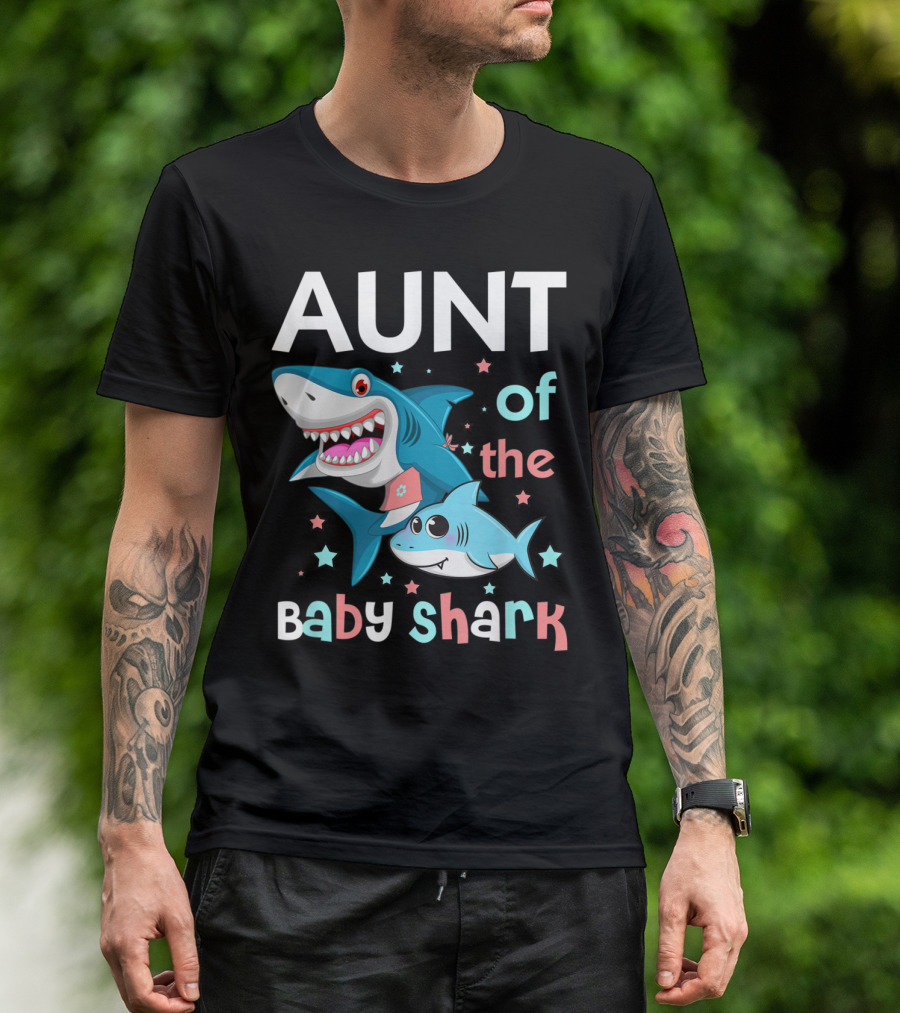 Aunt Of The Baby Shark Funny Auntie And Niece Nephew Stars Cartoon T-Shirt