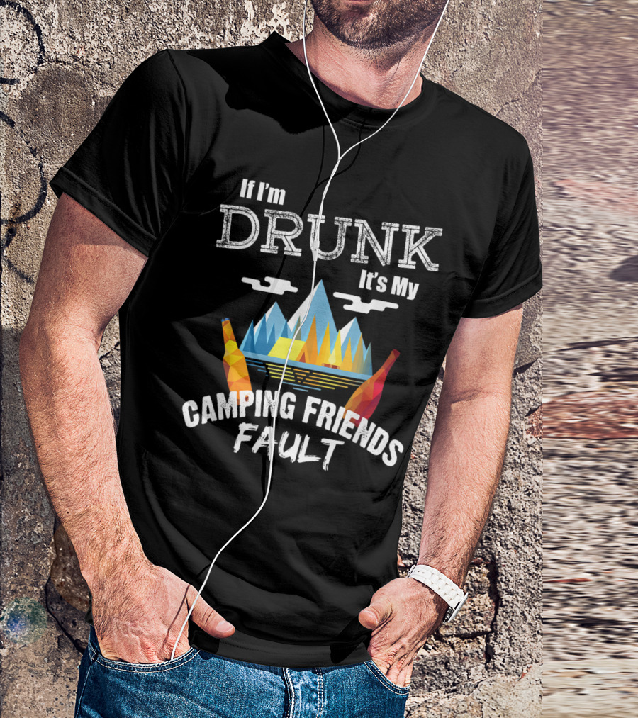 Drunk Camping Friends Blame With Mountain Scene And Beer Bottles T-Shirt