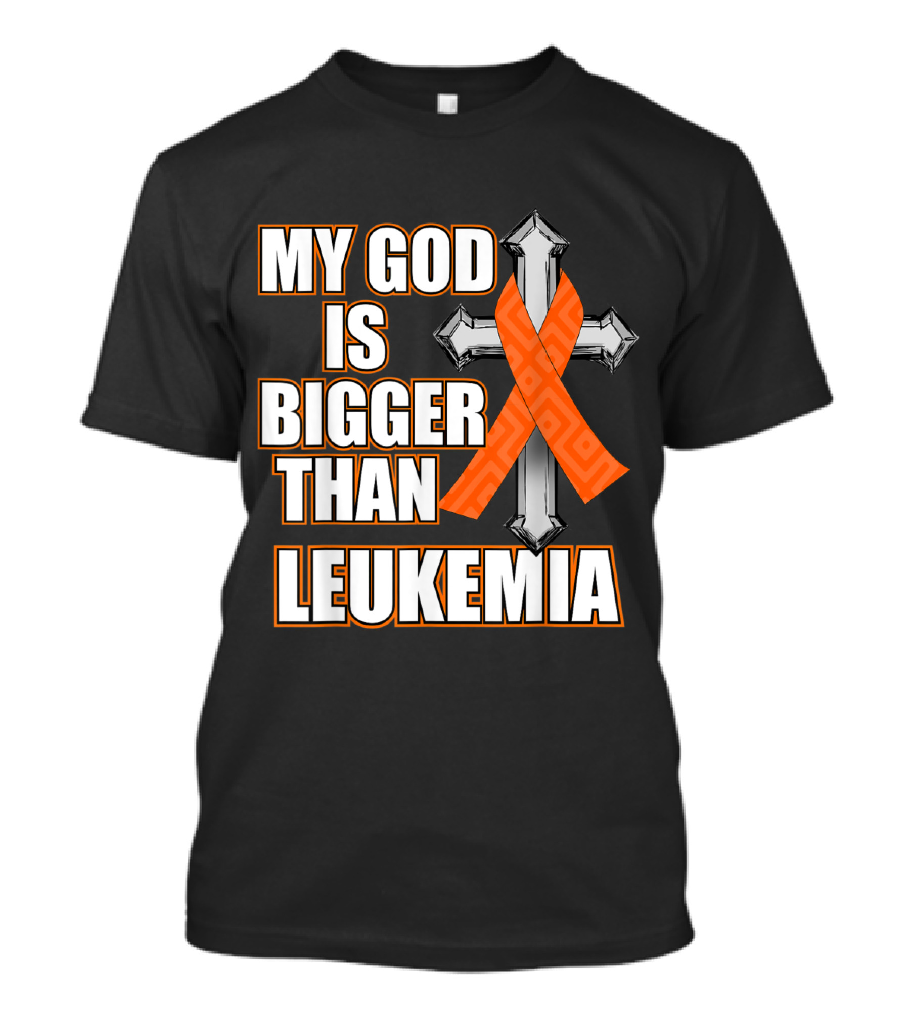 My God Is Bigger Than Leukemia Orange Ribbon Cross Emblem T-Shirt