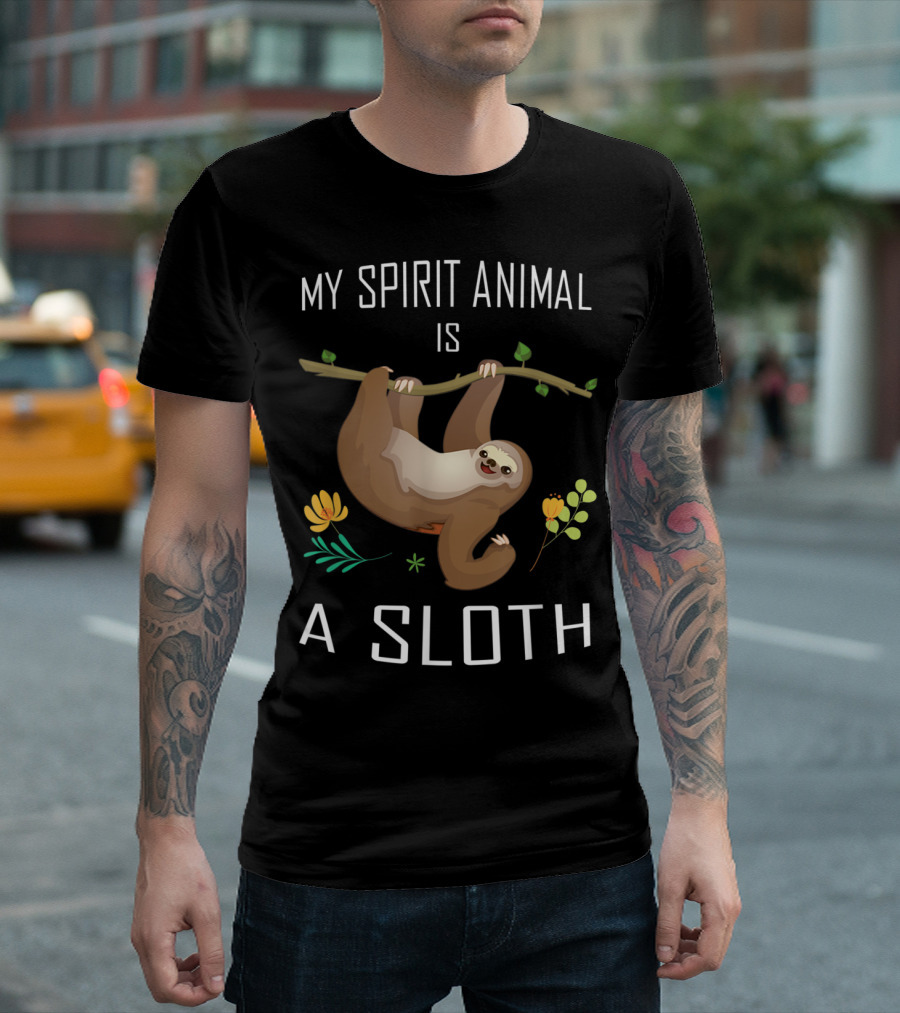 My Spirit Animal Is A Sloth Cute Pastel Color Hanging On Branch With Flowers T-Shirt