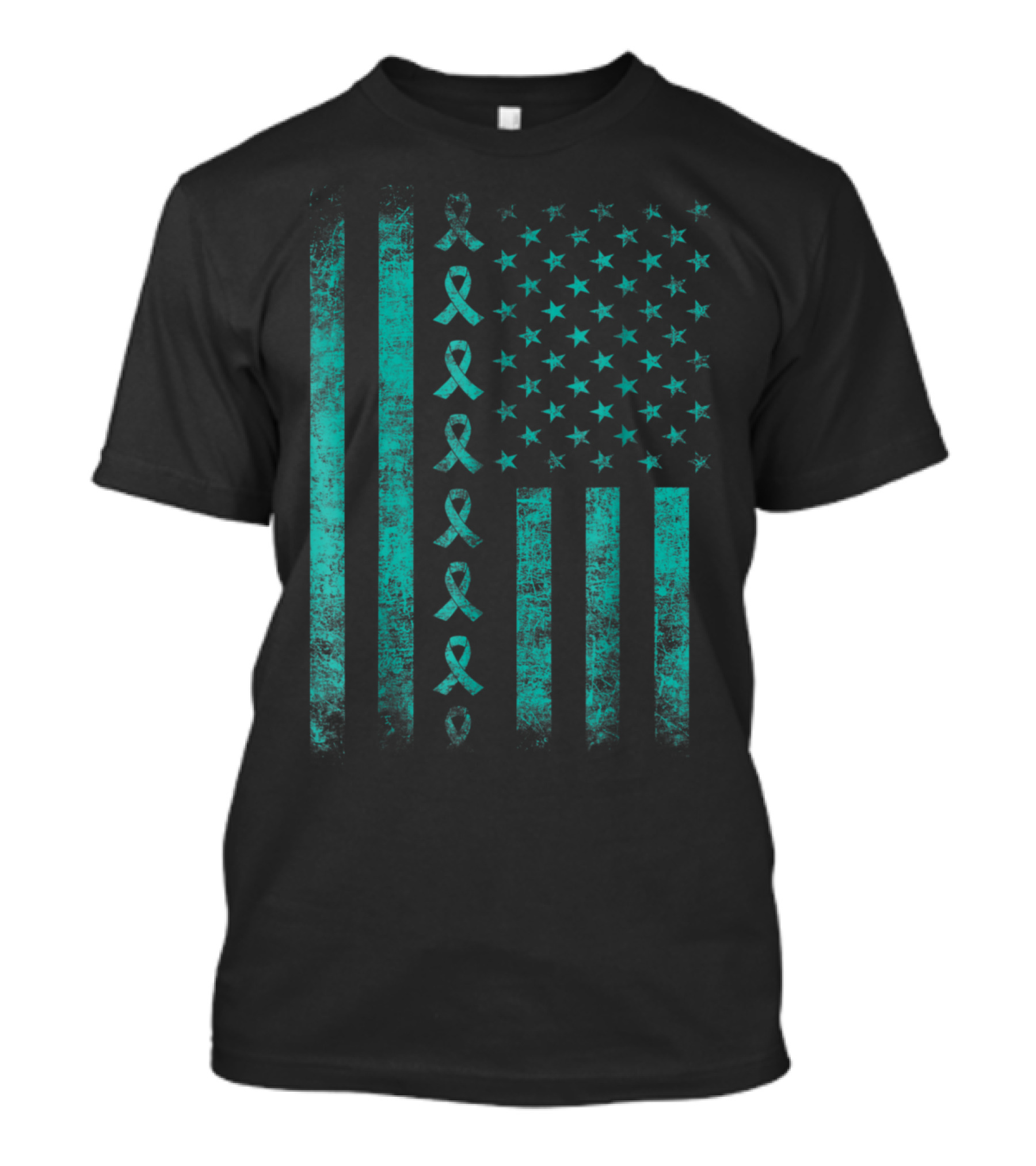 Ovarian Cancer Awareness Teal Ribbon American Flag T-Shirt