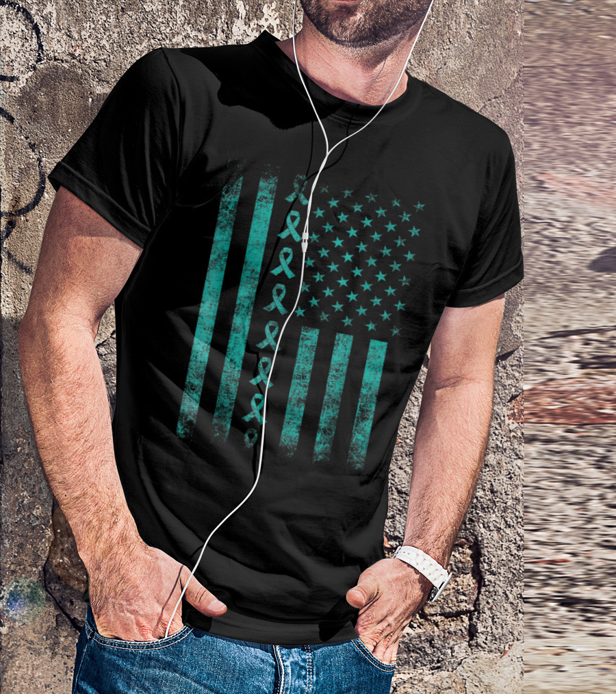 Ovarian Cancer Awareness Teal Ribbon American Flag T-Shirt