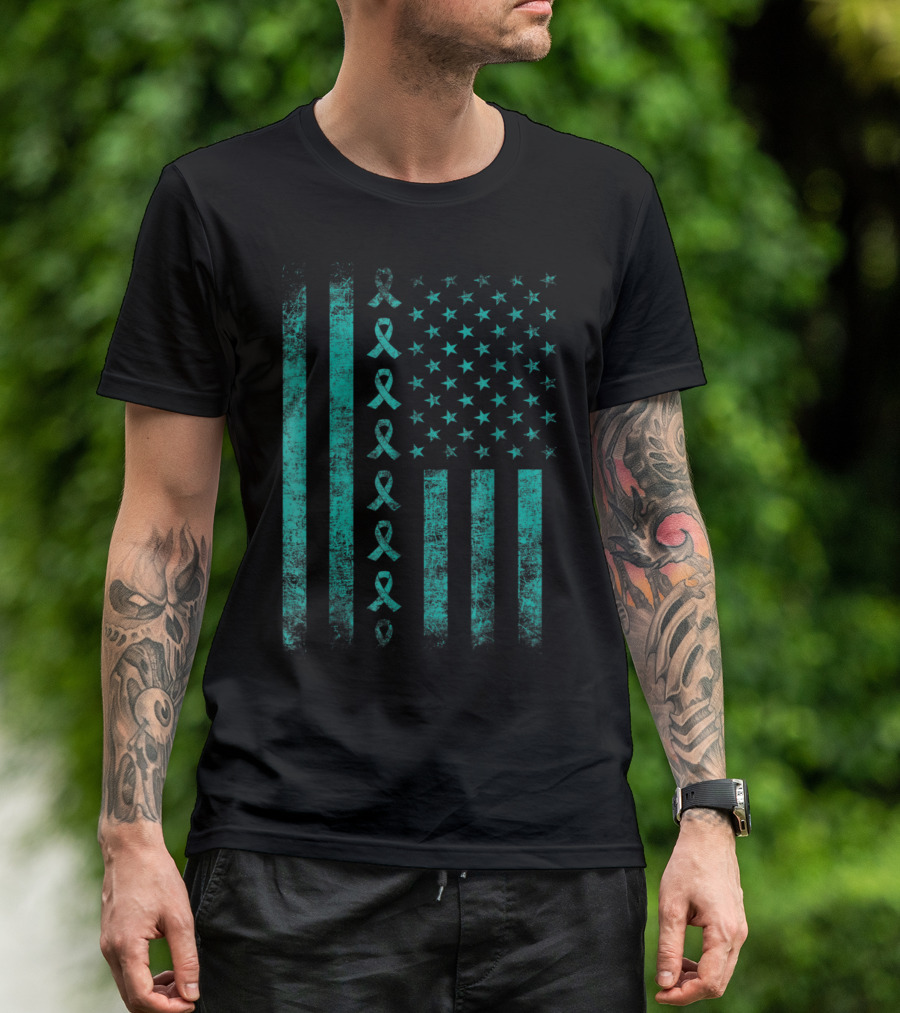 Ovarian Cancer Awareness Teal Ribbon American Flag T-Shirt