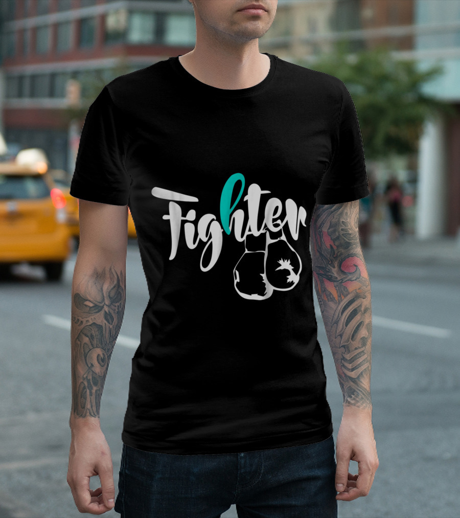 Fighter Teal Ribbon Boxing Gloves Ovarian Cancer Awareness T-Shirt