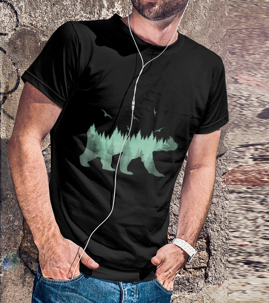 Bear In The Woods Forest Backdrop Green With Eagles T-Shirt