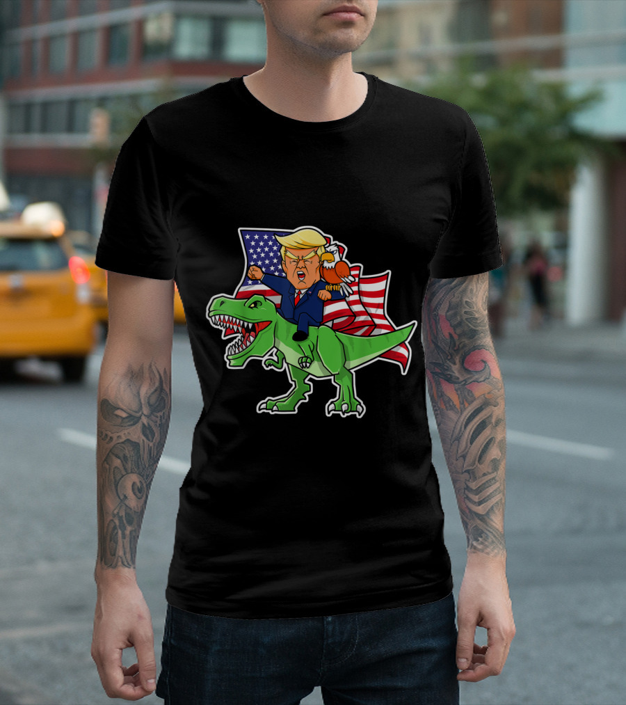 Trump Riding Dinosaur T-Rex with American Flag and Eagle Patriotic Boys 4th July T-Shirt