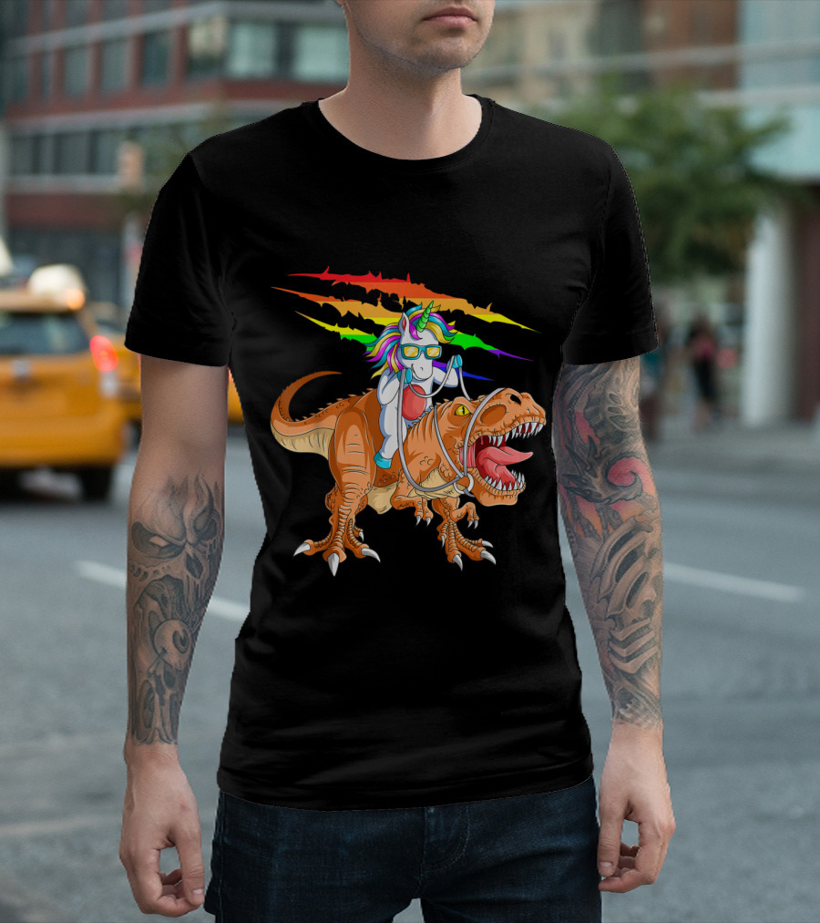 Unicorn with Sunglasses Riding T-Rex with Rainbow Mane T-Shirt