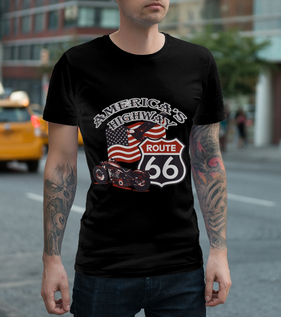 America's Highway Route 66 USA Motorcycle Road Trip Flag T-Shirt