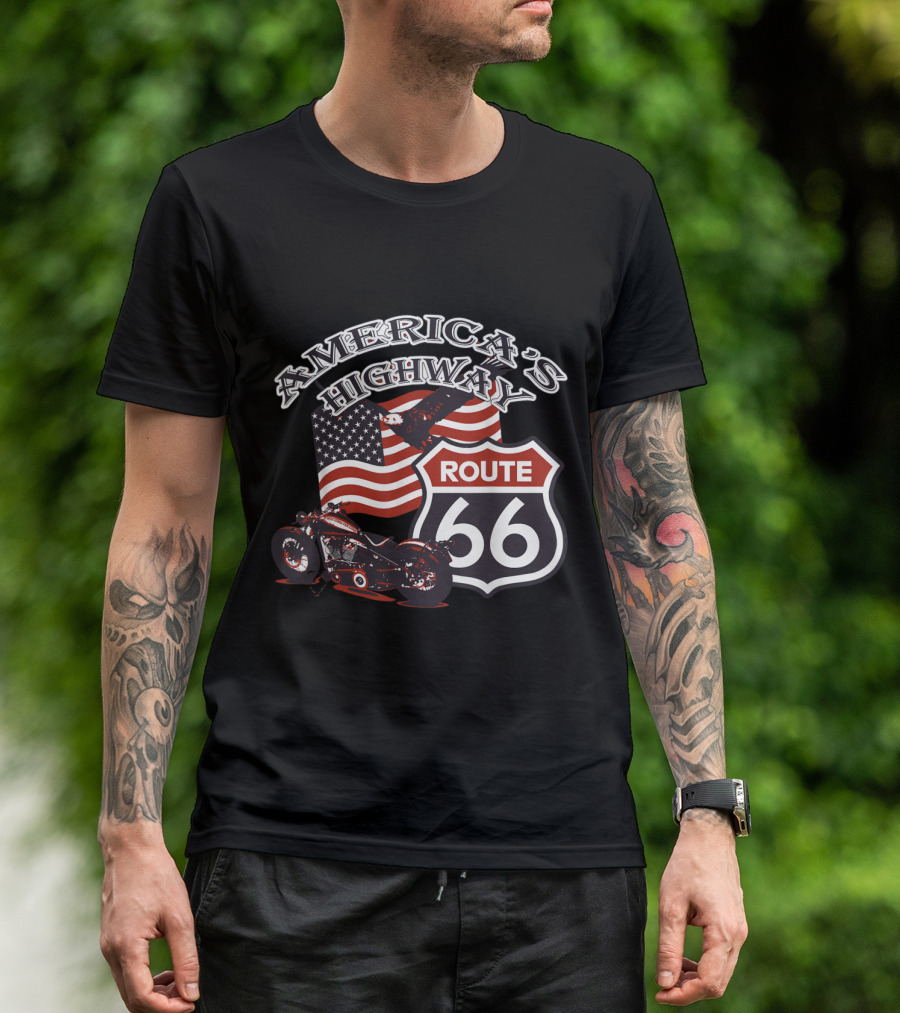 America's Highway Route 66 USA Motorcycle Road Trip Flag T-Shirt