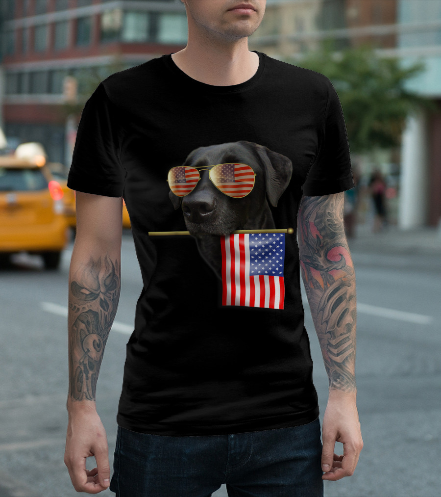 Patriotic Labrador Sunglasses with American Flag for 4th of July T-Shirt