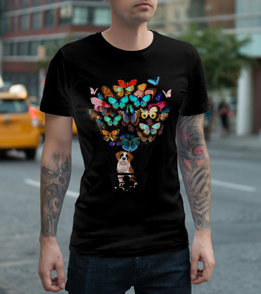 St. Bernard Tzu Dog with Colorful Butterfly Hot Air Balloon T-Shirt