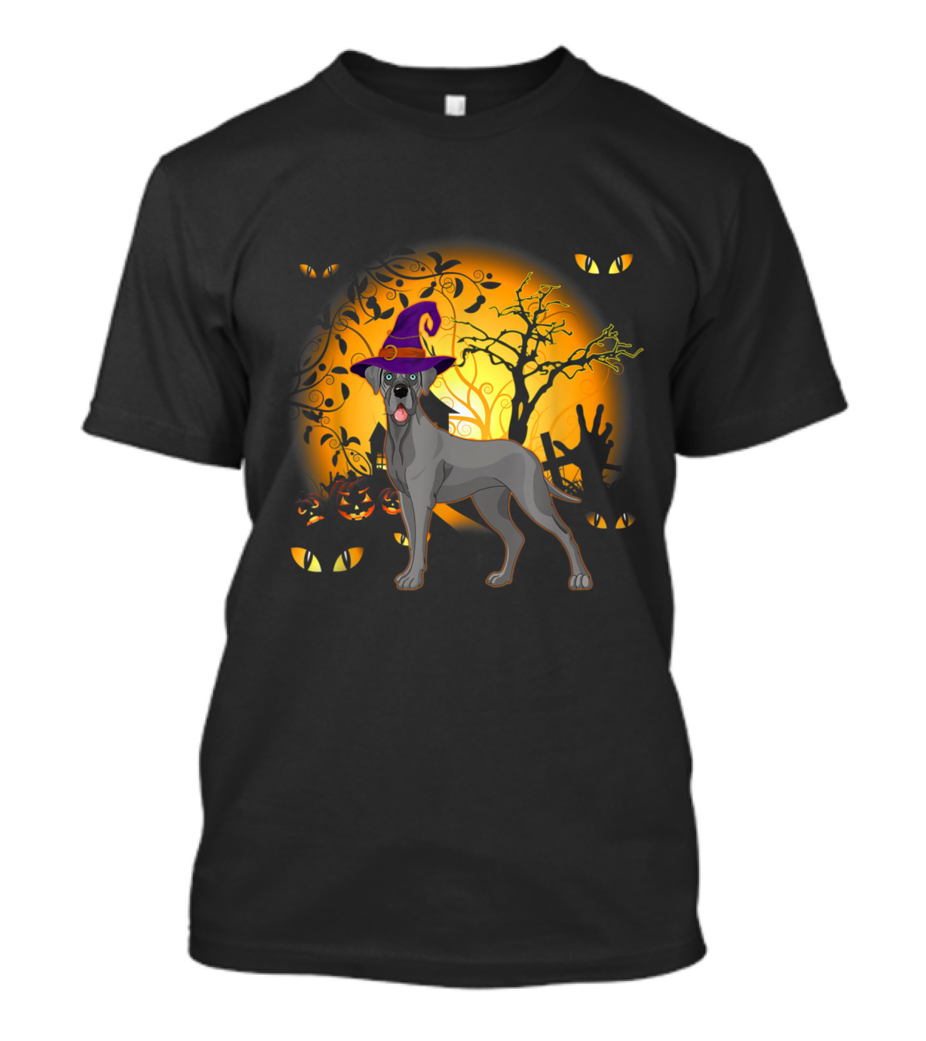 Funny Great Dane Halloween Witch Hat Pumpkin Moon Scene T-Shirt