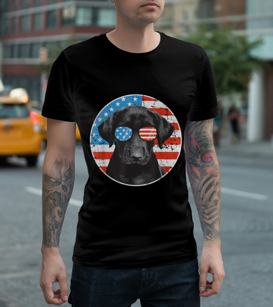 Fourth Of July American Flag Labrador Retriever Dog with Stars and Stripes Glasses T-Shirt