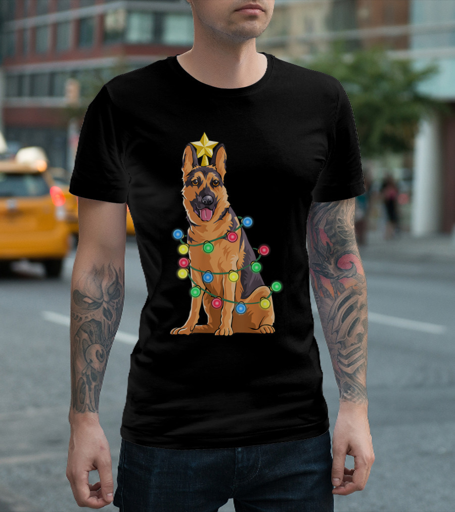 German Shepherd Christmas Reindeer Star Lights T-Shirt