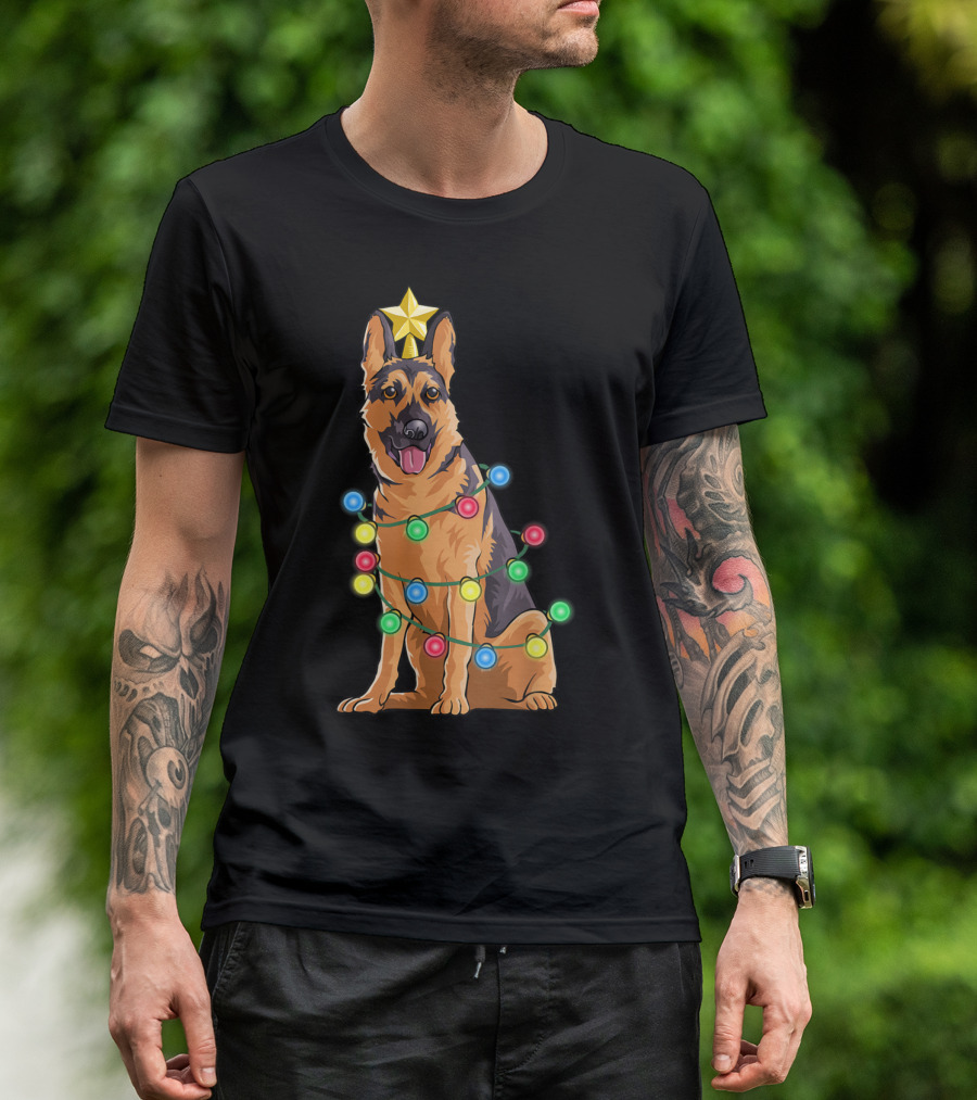German Shepherd Christmas Reindeer Star Lights T-Shirt