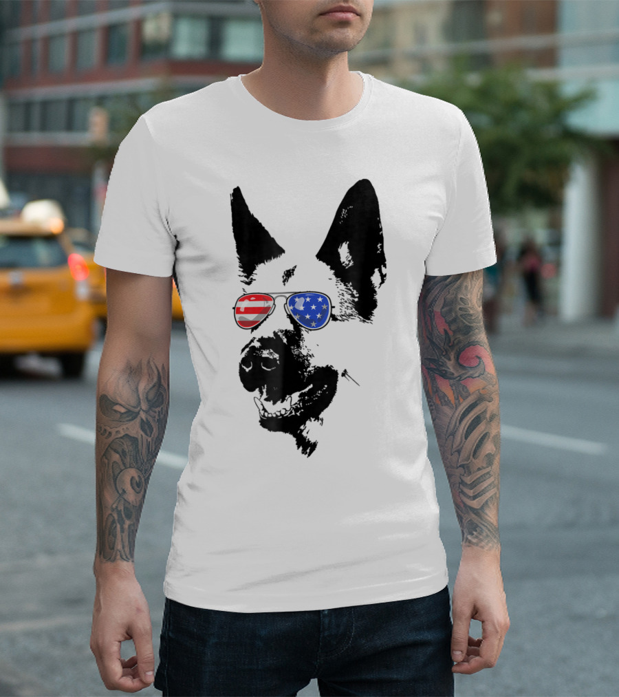 German Shepherd Dog with American Flag Sunglasses for 4th of July T-Shirt