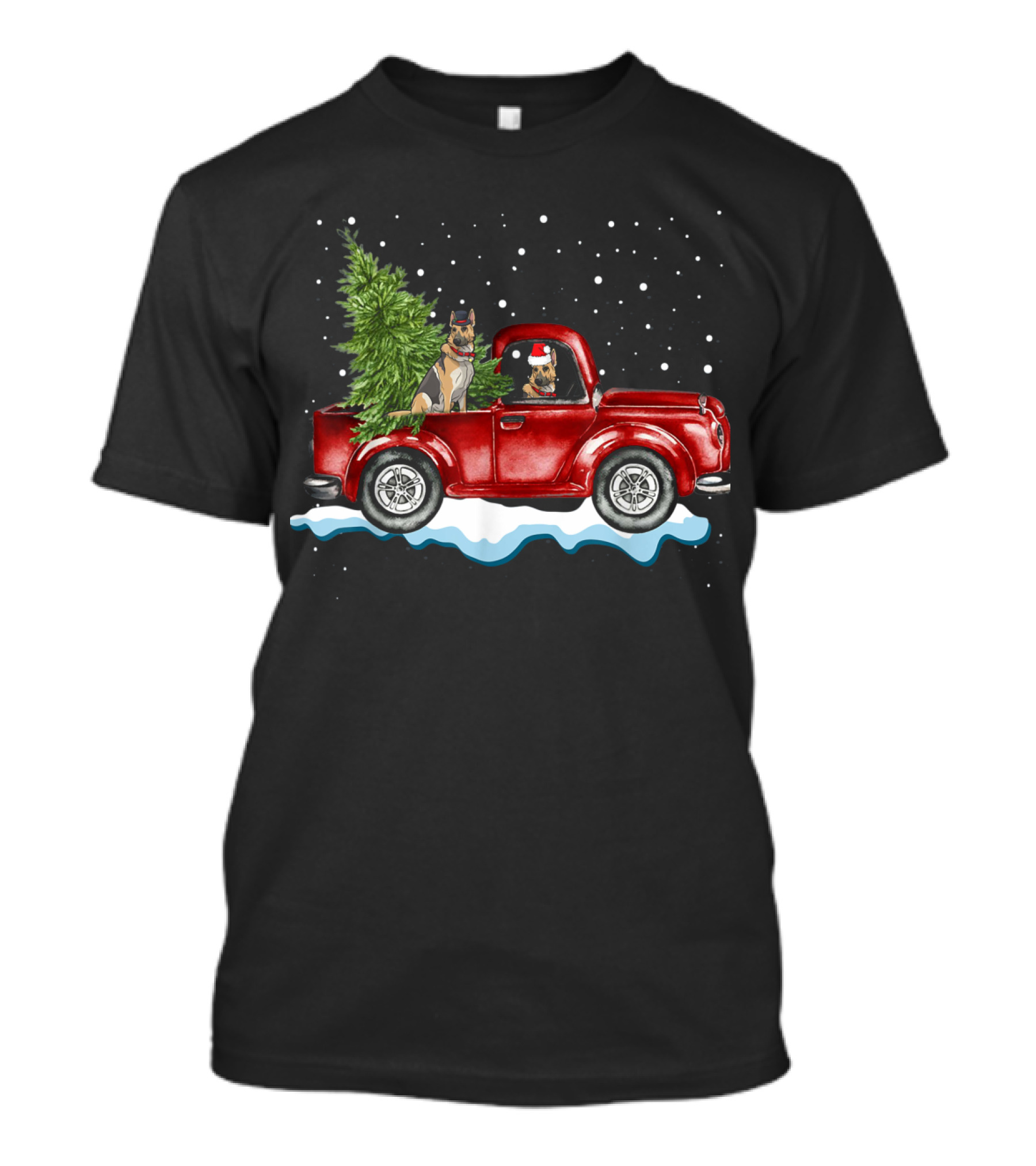 German Shepherds In Red Pickup Truck With Christmas Tree In Snowy Scene T-Shirt