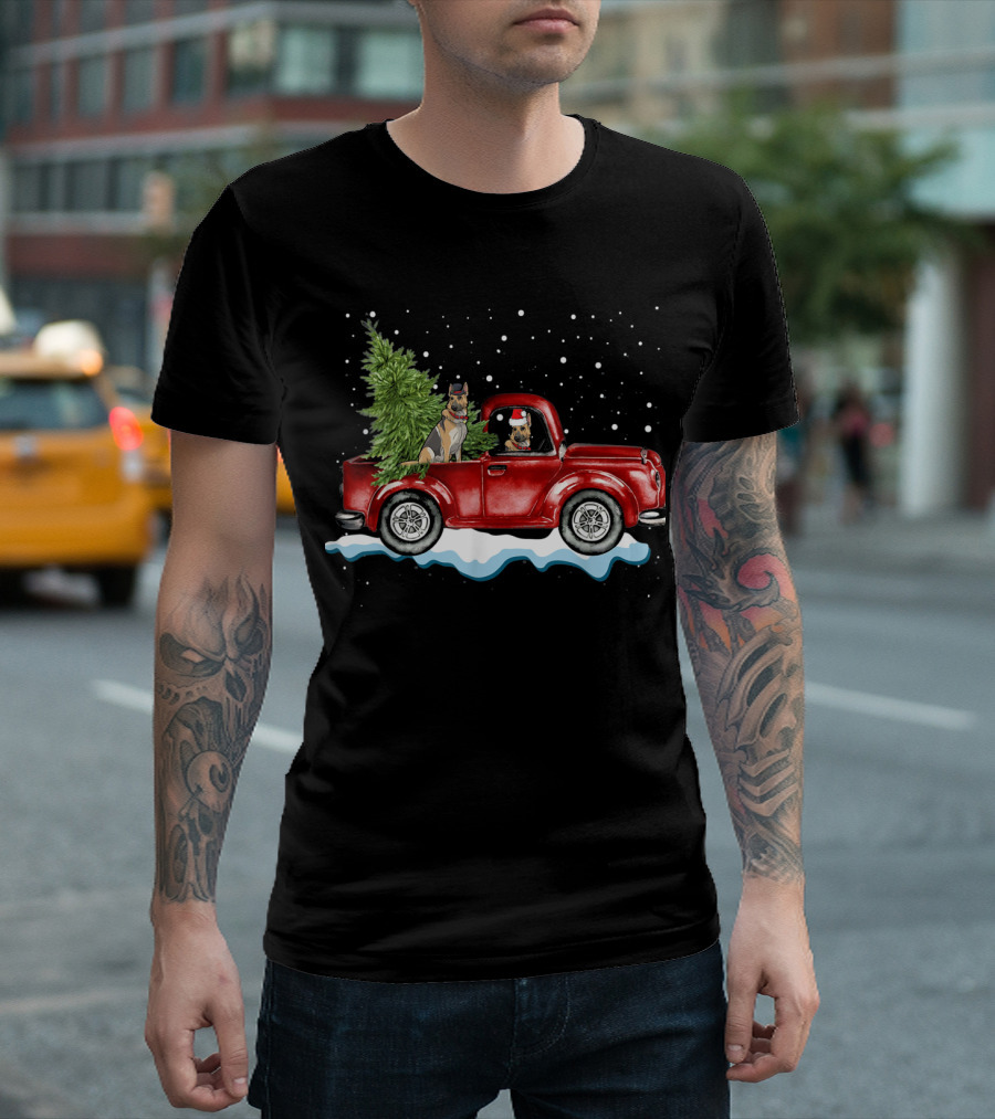 German Shepherds In Red Pickup Truck With Christmas Tree In Snowy Scene T-Shirt