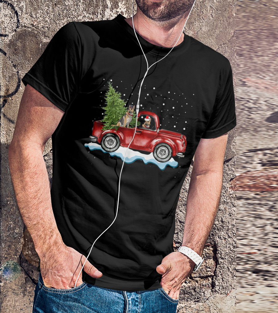German Shepherds In Red Pickup Truck With Christmas Tree In Snowy Scene T-Shirt