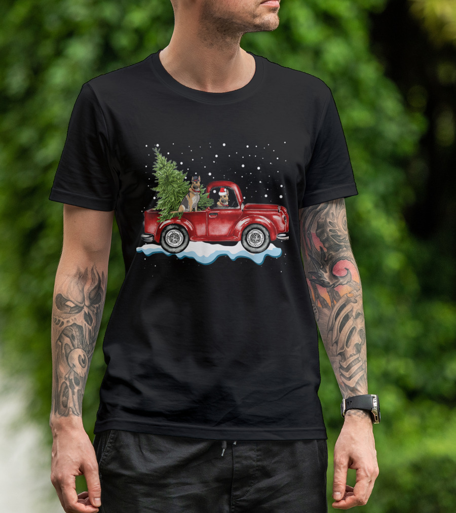 German Shepherds In Red Pickup Truck With Christmas Tree In Snowy Scene T-Shirt