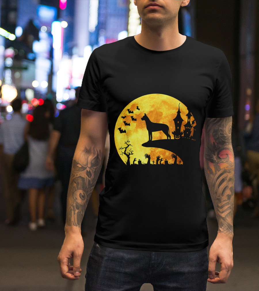 Great Dane Halloween Moon Bats Haunted House T-Shirt