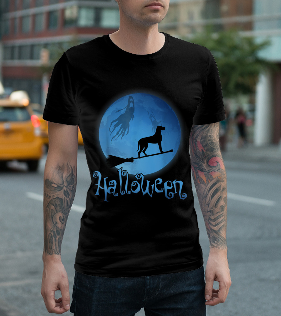 Halloween Great Dane Broomstick Moon Ghost T-Shirt